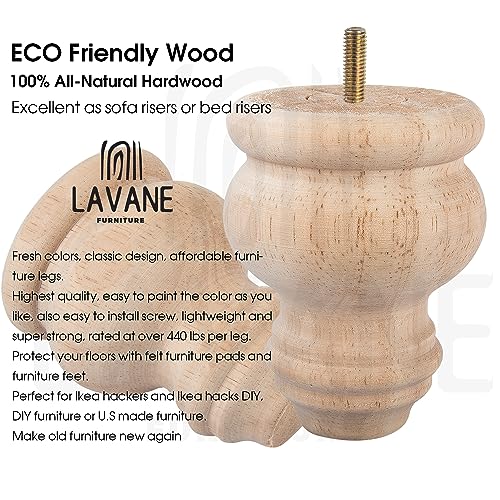 La Vane 3 inch / 8cm Unfinished Wooden Furniture Legs, 4PCS Soild Wood Turned Spindle Replacement Bun Feet with Pre-Drilled M8 Inch Bolt & Mounting La Vane