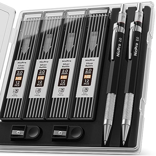 Nicpro 2mm Welder Mechanical Pencil Set with 48PCS Silver Refills, 2mm Metal Lead Holder, Carpenter Pencil with Sharpener for Welding, Cutting, Nicpro