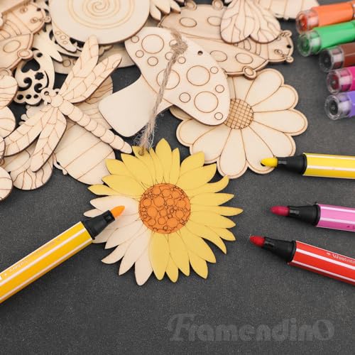 Framendino, 80 Pack Wooden Spring Ornaments to Paint DIY Blank Unfinished Wood Cutouts Ornament for Home Crafts Hanging Decorations Insect Dragonfly Framendino