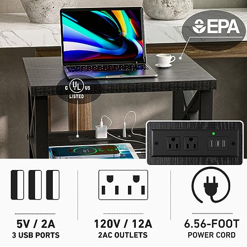 runjuly Rattan Nightstand with Lock, End Table with Charging Station, Side Table with Door and Open Shelf, Modern Wooden Bedside Table for Bedroom, runjuly