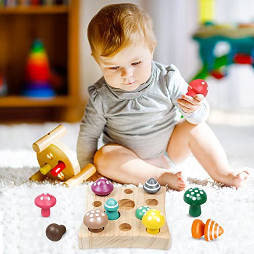 NAODONGLI Wooden Montessori Toys for Toddler,Educational Toys for 3 Year Old,STEM Toys Mushroom Harvest Game,Learing Shape Sorting & Number NAODONGLI