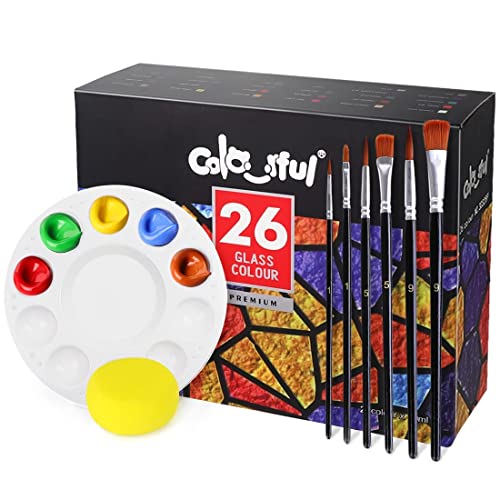 Colorful Glass Paint Kit with 6 Brushes, 1 Palette & 1 Sponge - 30ml/Bottle 26 Colors Permanent Stain Glass Paints for Gallery, Window, Wine Glass Colorful
