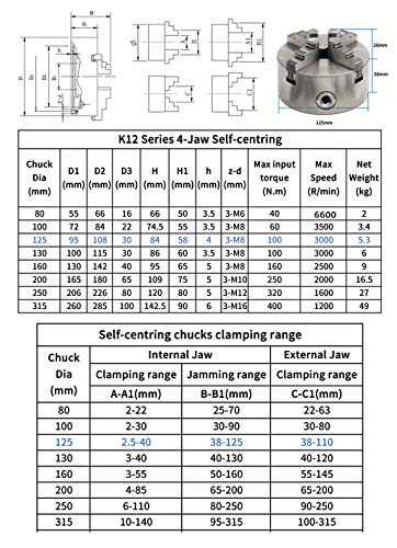 RATTMMOTOR 4-Jaw K12-125mm Self-centering Linkage Lather Chuck with Chuck Wrench for CNC Roter Engraving Milling Machine RATTMMOTOR