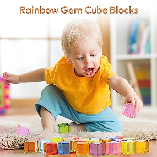 Woodtoe Wooden Building Blocks Set for Kids, 36 PCS Rainbow Acrylic Gem Cubes Blocks - 3 Wood House, Montessori Stacking Toy for Toddlers, Woodtoe