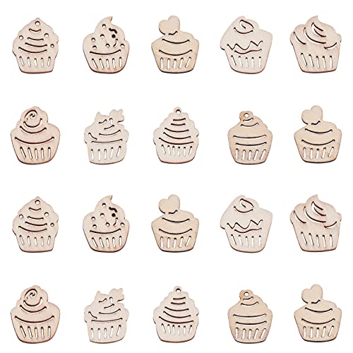KitBeads 100pcs Random Hollow Cake Unfinished Wood Cutouts Wooden Cupcake Dessert Theme Filligree Wooden Ornament for DIY Crafts Home Decorations KitBeads