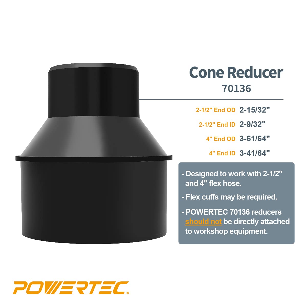 POWERTEC 70136 4-Inch Hose to 2-1/2 Inch Hose Cone Reducer POWERTEC