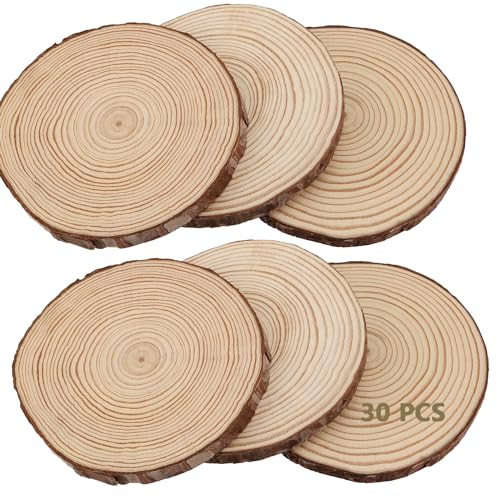 KINJOEK 30 PCS Natural Wood Slices 5.1-5.5 Inch with Bark Unfinished Wood Circles for Coasters DIY Crafts Wedding Decorations Christmas Ornaments KINJOEK