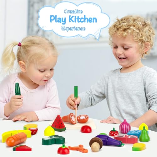 Wooden Play Food Sets for Kids Kitchen Cutting Fruits Vegetables and Meat Pretend Play Toddler Toys Food Montessori Toys Gift for Boys and Girls GOPLACS