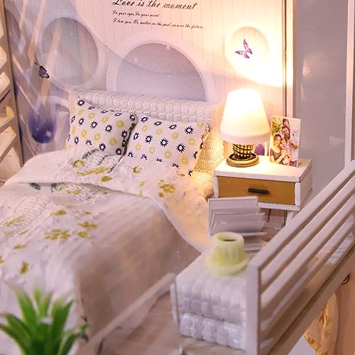 DIY Miniature Dollhouse Kit, Tiny House Model Kit with Music Box & LED Light & Dust Proof Cover, 1:24 Scale, 3D Wooden Puzzle for Adults, Handmade Hallisun