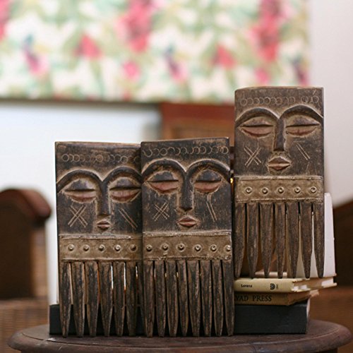 NOVICA Handcrafted Carved Brown Wood Comb Sculptures with Faces Wall Art, Ashanti Wisdom' (Set of 3) NOVICA