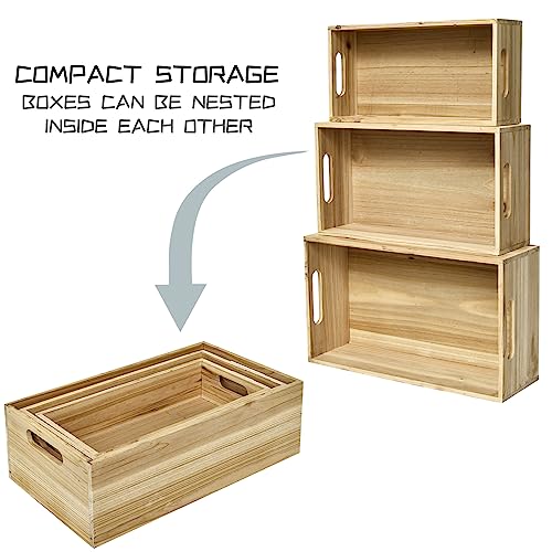 MACVAD Set of 3 Unfinished Wooden Crates, Large Wooden Storage Crates for Display Rustic, Farmhouse Style Storage Container Baskets Boxes for Home MACVAD