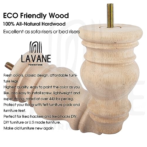 La Vane 5 inch / 12cm Unfinished Wooden Furniture Legs, 4PCS Soild Wood Turned Spindle Replacement Bun Feet with Pre-Drilled M8 Inch Bolt & Mounting La Vane