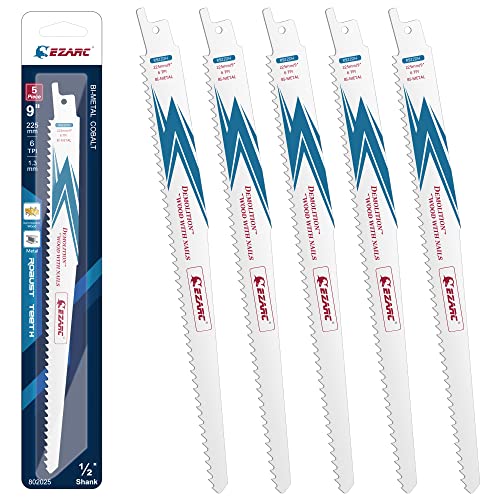 EZARC Reciprocating Saw Blade Bi-Metal Cobalt Sabre Saw Blades for Wood Demolition 9-Inch 6TPI R922DH (5-Pack) EZARC