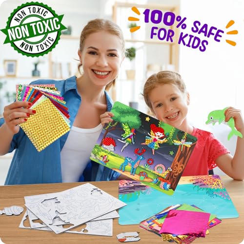 Alritz Foil Crafts Fun Kit, No Mess Foil Art Kit Toys for Kids Animals Space Cars, Foil Stickers, Art Craft Supplies, DIY Christmas Gift for Girls Alritz