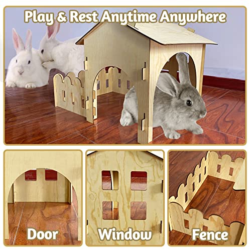 Fhiny Wooden Rabbit Castle Hideout with Fence, Small Animal Rest and Play House Hideaway with Window Detachable Rabbit Bed Hut Bunny Castle for Fhiny
