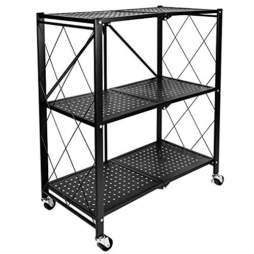 YSSOA 3-Tier Foldable Metal Shelves Heavy Duty Storage Shelving Unit with Wheels, Organizer Shelves for Garage Kitchen, Black YSSOA