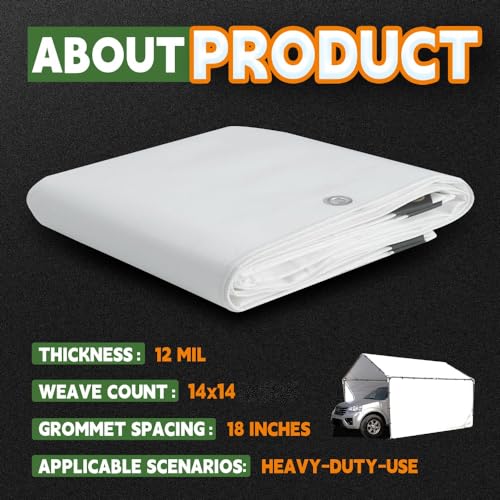 RAINDEWAY 12 Mil Heavy Duty White Tarp 6x20 Feet, UV Resistant, Waterproof, Weatherproof Poly Tarp with Metal Grommets and Reinforced Edges RAINDEWAY
