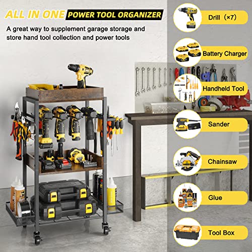 Power Tool Organizer Garage Storage Organization Shelving Tool Holder Drill Rack Shelf Rolling Cart Open Tool Chest Cabinet Box Organizer with Wheels Olakee
