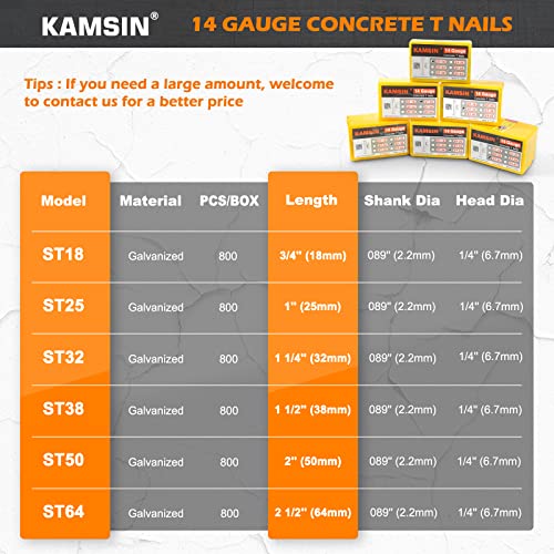 KAMSIN #ST64 14 Gauge Heavy Duty Pneumatic Concrete T Nailer Kit with 400 PCS Concrete T Nails, 1-Inch to 2-1/2-Inch Leg Air Power Concrete Nails Gun - WoodArtSupply
