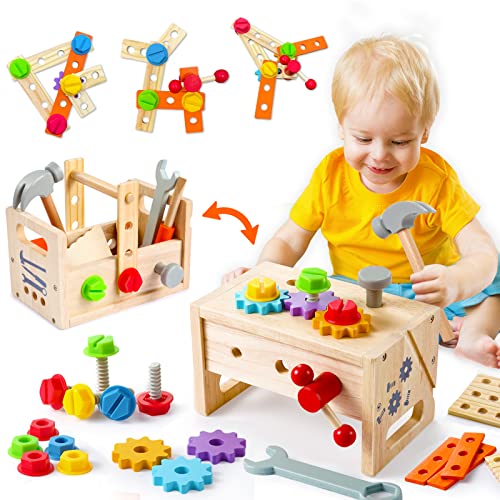 GraceDuck Kids Tool Bench Wooden Set Toys Montessori Toys for 2 3 4 5 Year Old Workbench Boy Girl Construction Toys for 2 Year Old Boy Educational