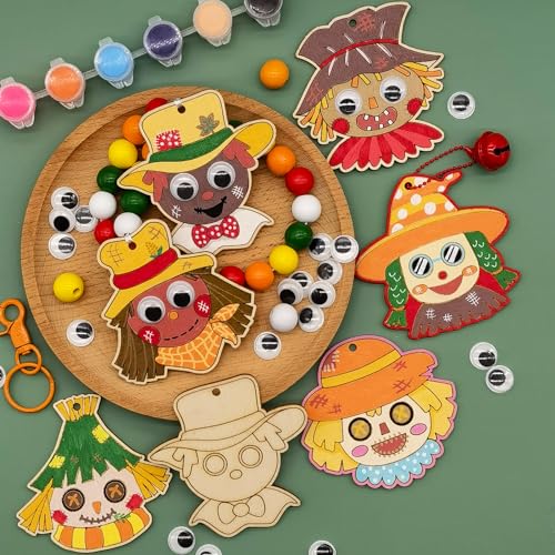 36 Sets Fall Scarecrow Craft Kits Unfinished Wooden Scarecrow Head Cutouts DIY Autumn Thanksgiving Ornaments Make Your Own Scarecrow Hanging Slices WoodArtSupply