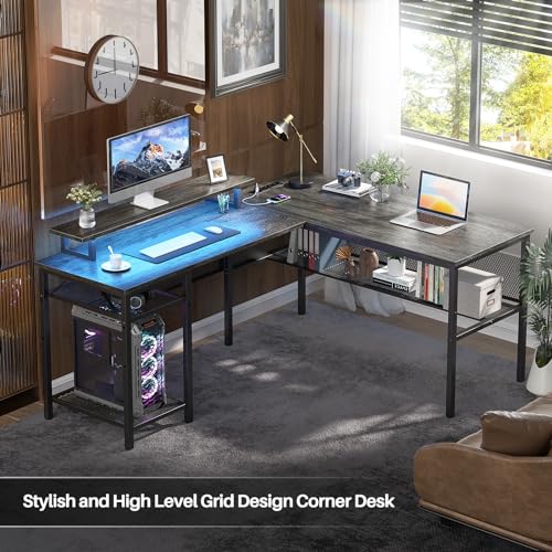 L-Shaped Ergonomic Computer Desk with Smart LED Lights and Versatile Power Outlets iSunirm