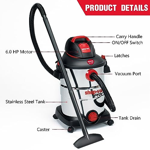 Shop-Vac 12 Gallon 6.0 Peak HP Wet/Dry Vacuum, Stainless Steel Tank, 3 in 1 Function Portable Shop Vacuum with Attachments, Drain Port, Ideal for Shop-Vac