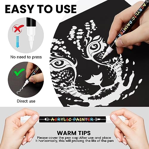 Tesquio Black and White Paint Marker, 8 Pack Dual Tip Acrylic Paint Pens with Medium Tip and Brush Tip, Ideal for Wood, Rock Painting, Canvas, Stone, Tesquio