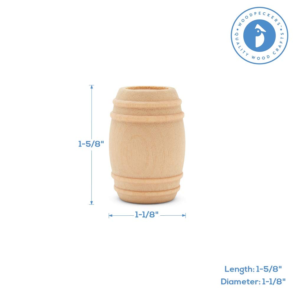 Wooden Pickle Barrel 1-5/8 Inch, Pack of 10, Small Unfinished Cargo Drums, Perfect for Miniatures, Scale Models, Mini Train Making or Woodworking Woodpeckers