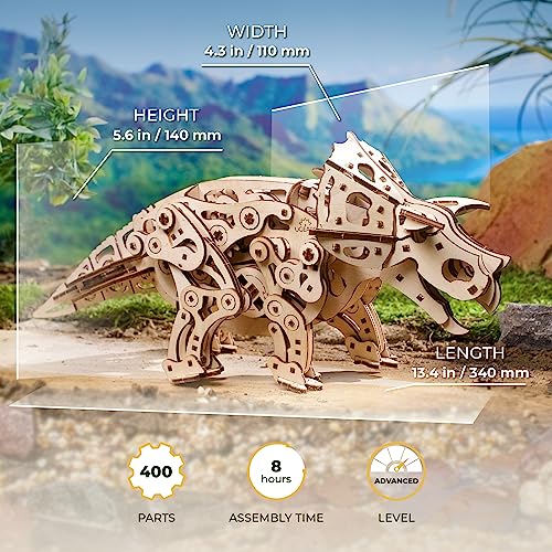 UGEARS Triceratops Dinosaur Wooden Model Kit - 3D Wooden Puzzle for Adults - 1:32 Scale Mechanical Wooden Dinosaur Model - DIY Dinosaur 3D Puzzle UGEARS