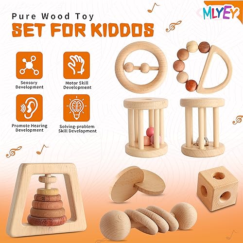 Wooden Baby Toy 8pcs, Montessori Toys for Babies 1-3 Years Old, Wooden Rattles Toy Set for Infant Grasping, Sensory Development, Gift for Baby Boys MLYEY