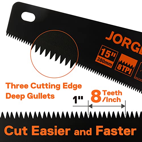 JORGENSEN 15” Hand Saw, Black Coated Coarse Handsaw 8TPI for Wood Cutting, Ergonomic Non-Slip Aluminum Handle for Sawing, Trimming, Gardening, Jorgensen