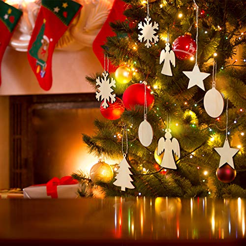 Tatuo 50 Pieces Christmas Wooden Ornaments Wood Snowflake Angel Star Christmas Tree Round Discs Decorations Hanging Embellishments with 50 Pieces Tatuo