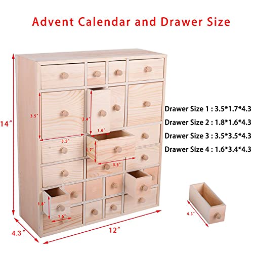 Vencer Wooden Countdown to Christmas Advent Calendar Storage Organizer with 24 Drawers,Jewelry Box,Desktop Organizer,DIY Unfinished Wood,Measures Vencer