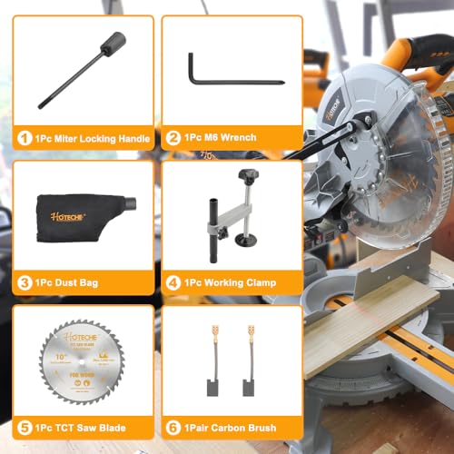 Hoteche 10-Inch Miter Saw 15A Sliding Compound Single Bevel Chop Saw with Laser Guide and TCT Saw Blade for Wood and Metal Working Hoteche