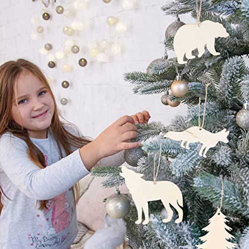 Sewroro 30pcs Unfinished Wooden Cutouts DIY Animal Wood Slices Elk Xmas Tree Fox Wolf Blank Discs Xmas Tree Hanging Ornament Decoration for DIY Sewroro