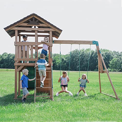 Backyard Discovery Lightning Ridge All Cedar Wooden Swing Set, Raised Clubhouse, 2 Belt Swings, 10 Inch Wave Slide, Ladder, Climbing Rock Wall Brown Backyard Discovery