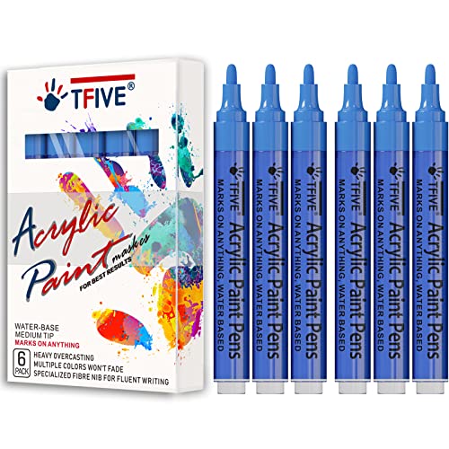 Blue Acrylic Paint Marker Pens - 2-3mm Medium Tip, 6 Pack Permanent Blue Water Based Paint Pen for DIY Projects, Paintings for Rock, Fabric, Wood, TFIVE
