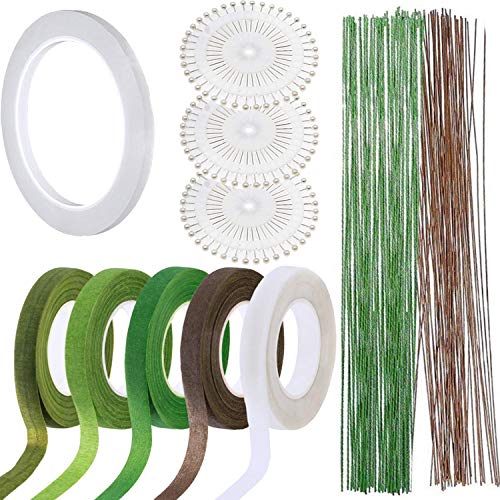 Woohome 9 PCS Floral Arrangement Tool Kit, 5 PCS Floral Tape Stem Wrap, 26 Gauge Floral Stem Wire, Double-Sided Tape and 120 PCS Ball Head Pins for Woohome