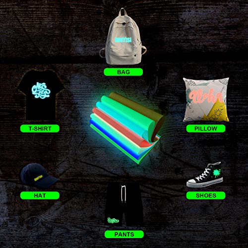 Heat Transfer Vinyl Glow in Dark Iron on Vinyl 9 Pack 12"x 10" PU HTV Luminous Fluorescent Color for Shirts(Glow in Dark) SHOYISI