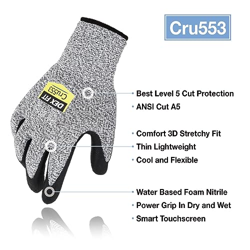 DEX FIT Level 5 Cut Resistant Gloves Cru553, 3D-Comfort Fit, Firm Grip, Thin & Lightweight, Touch-Screen Compatible, Durable, Breathable & Cool, DEX FIT