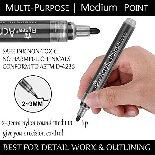 NAWOD Black Paint Pens - 6 Pack Acrylic Black White Permanent Markers, Acrylic Paint Pens for Rock Painting, Wood, Metal, Stone, Ceramic, Glass, NAWOD