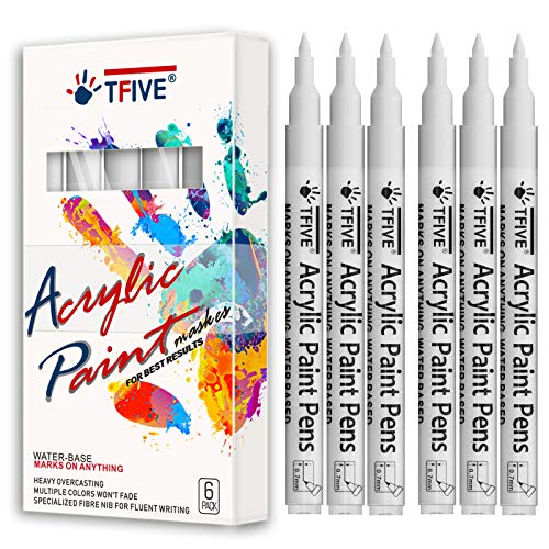 White Marker Paint Pens - 6 Pack Acrylic White Permanent Marker, 0.7mm Extra Fine Tip Paint Pen for Art projects, Drawing, Rock Painting, Stone, TFIVE