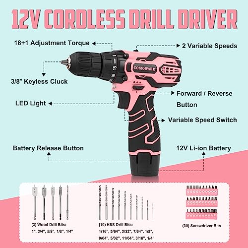 COMOWARE 12V Pink Cordless Drill Driver and Home Tool Kit, Pink Drill Set for Women, Lady's Home Repairing Tool Kit with Power Drill, Large-Capacity COMOWARE