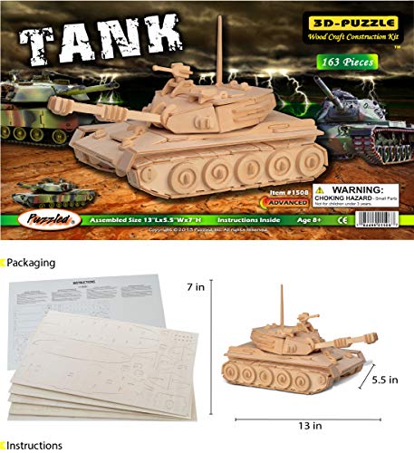 Puzzled 3D Puzzle Tank Wood Craft Construction Model Kit, Fun Unique & Educational DIY Wooden Army Toy Assemble Model Unfinished Crafting Hobby Puzzled