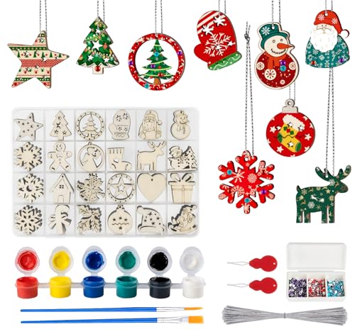 ilauke 96 Pcs Unfinished Wood Ornaments, 1.2" Mini Wooden Christmas Ornaments, 24 Style of Wood Christmas Shape Decoration to Paint, for Craft DIY