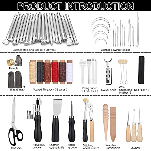 TLKKUE Leather Craft Tools Leather Working Tools Kit with Custom Storage Bag Leather Carving Tools Leather Craft Making for Cutting Punching Sewing TLKKUE