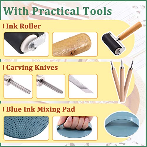 Keadic 41 Pieces Rubber Stamp Making Kit, Includes 2 Rubber Stamps Carving Blocks, 3 Carving Tools & Whetstone, Tracing Papers, Brayer Roller, Block Keadic