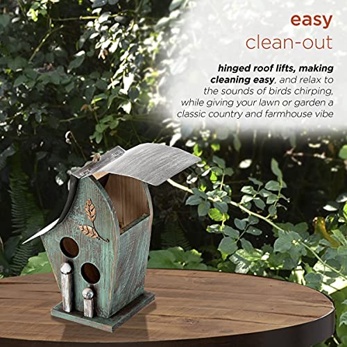 Alpine Corporation YEN134HH-TUR Wooden Birdhouse Outdoor Decor for Garden, Patio, Deck, Porch, 8"L x 6"W x 12"H with Rope: 21”H, Turquoise Alpine Corporation