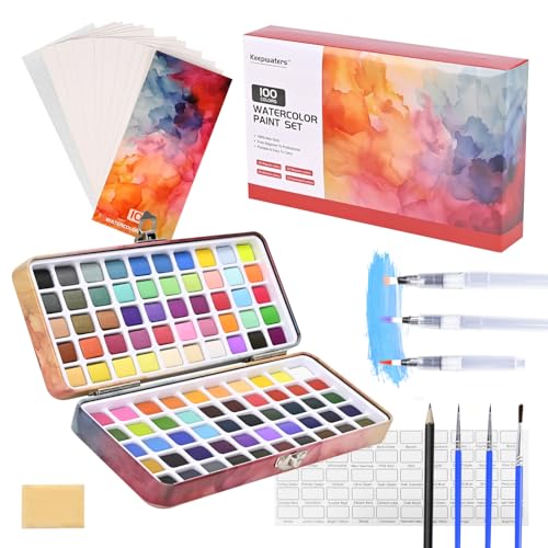 Water Color Pallet Adult, 100 Travel Watercolor Set, Watercolor Paint Set  With Nylon Brushes, Refillable Water Brush, Paper Pad, Art Sponge, Pencil 